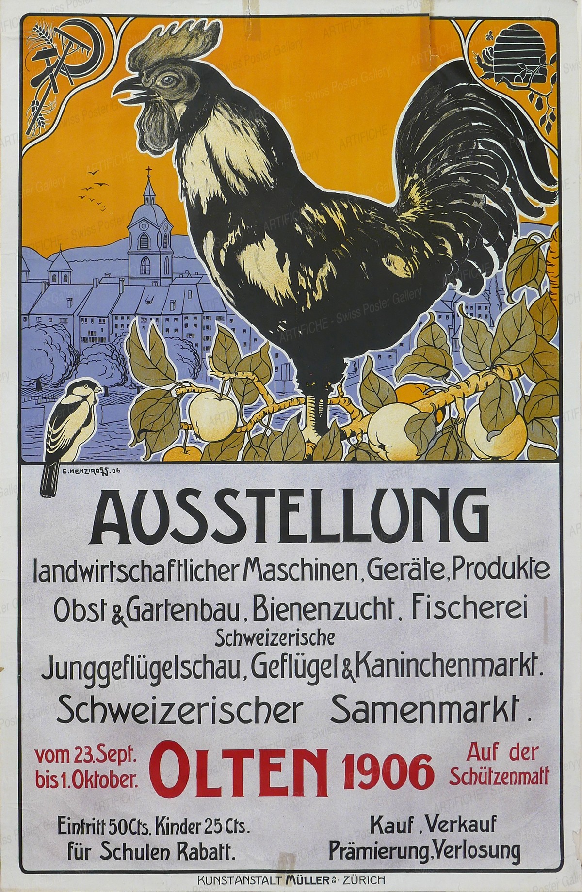 Ausstellung landwirtschaftlicher Maschinen, Geräte, Produkte, Obst- und Gartenbau, Bienenzucht, Fischerei, Junggeflügelschau – Olten 1906, Henziross E.