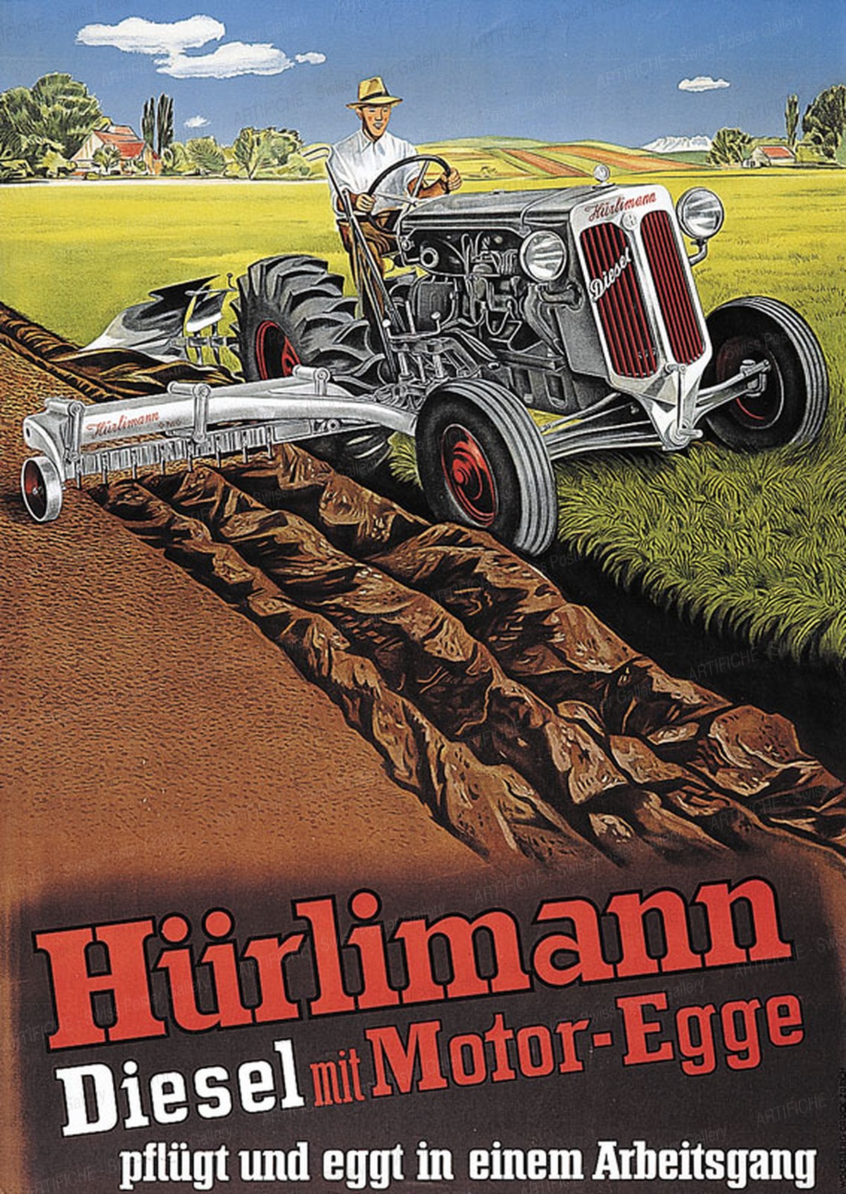 Hürlimann diesel with motor harrow, Artist unknown